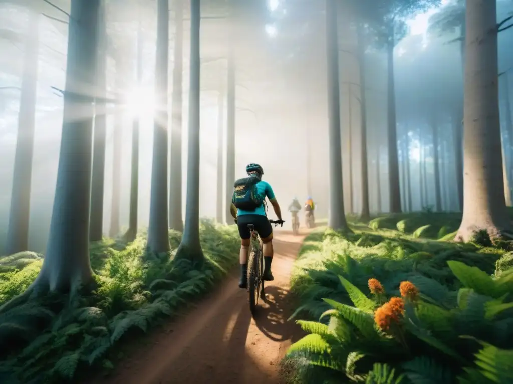 Un grupo de ciclistas aventureros pedaleando en los bosques verdes de Uruguay bajo la luz del sol