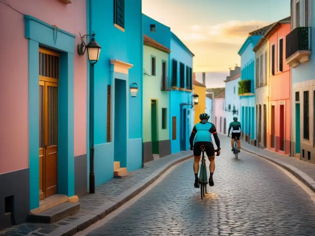 Un grupo de ciclistas recorriendo las calles empedradas de Colonia del Sacramento, Uruguay, con edificios coloniales coloridos al fondo