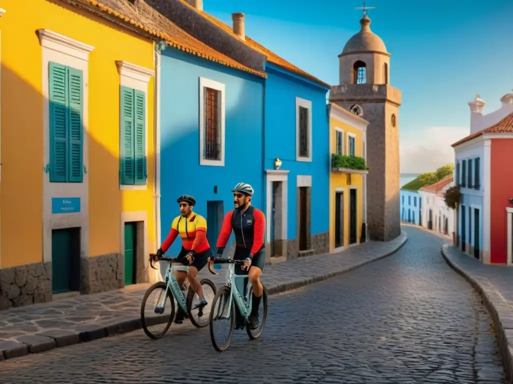 Un grupo de ciclistas recorriendo las calles empedradas de Colonia del Sacramento al atardecer