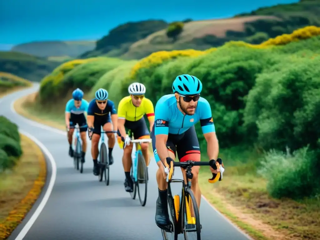 Grupo de ciclistas con cascos coloridos y equipo reflectante, pedaleando en fila por una ruta costera en Uruguay