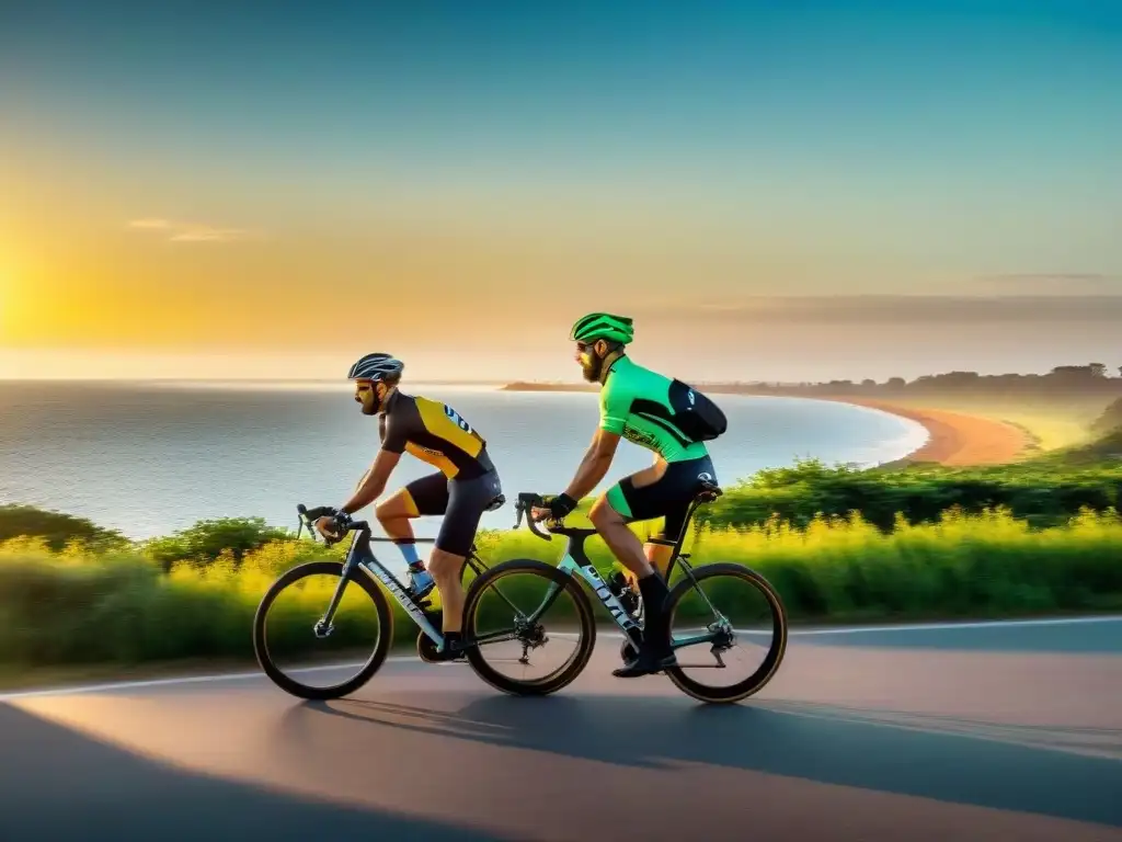 Un grupo de ciclistas disfrutando del ciclismo sostenible en Uruguay, recorriendo la costa de Punta del Este al atardecer