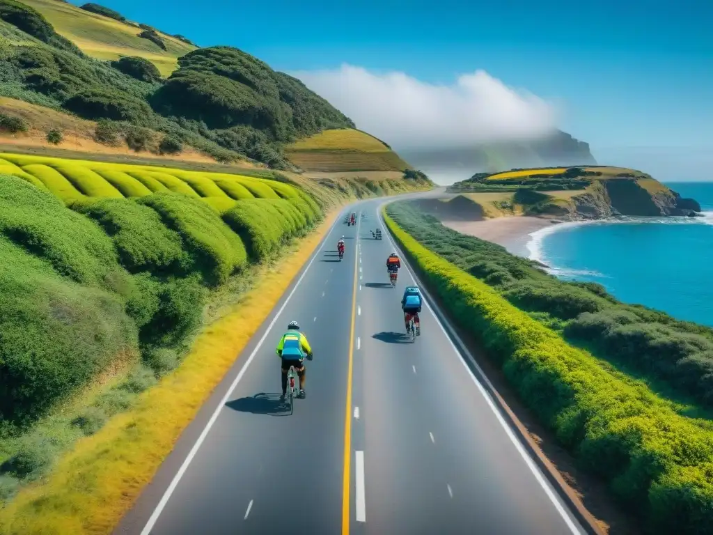 Grupo de ciclistas con equipo reflectante en ruta costera de Uruguay