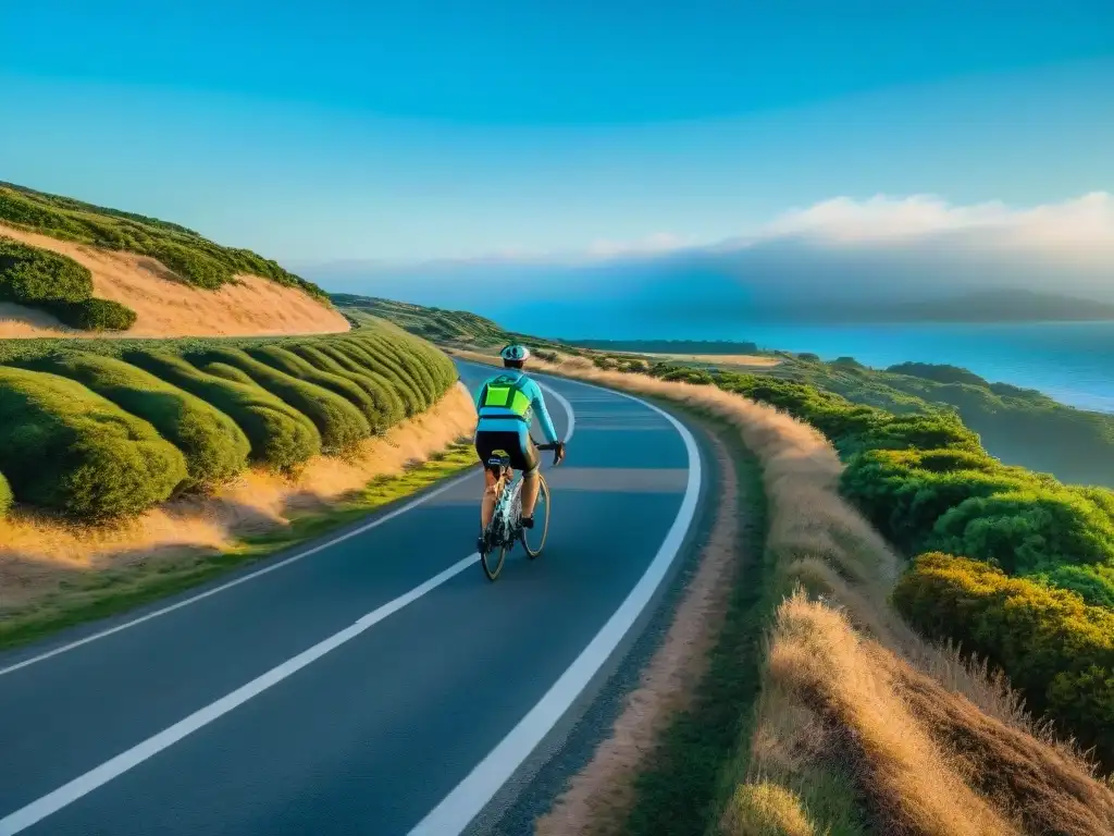 Un grupo de ciclistas con equipo de seguridad brillante siguiendo las reglas de la ruta en Uruguay, rodeados de exuberante vegetación y cielo azul