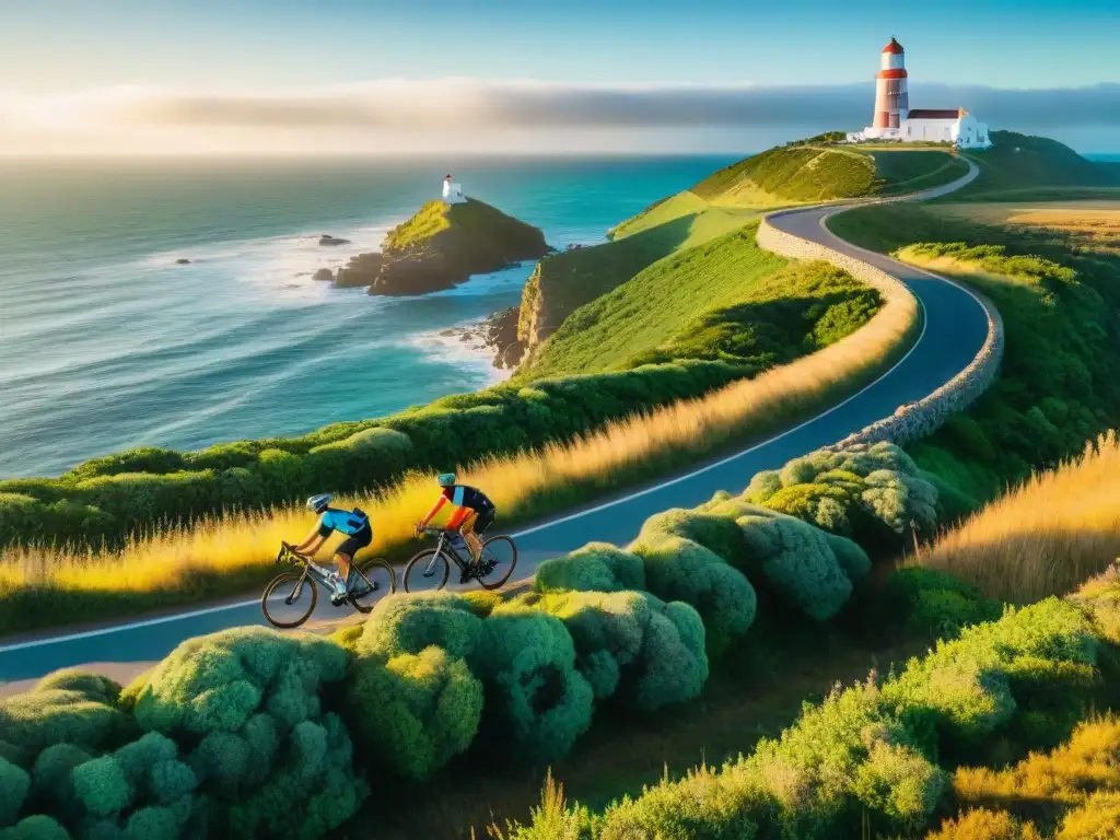 Grupo de ciclistas pedaleando junto al mar en Uruguay, con un faro al fondo al amanecer