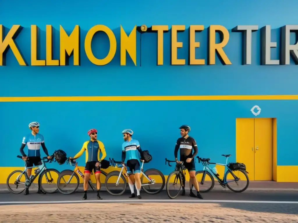 Grupo de ciclistas en Montevideo, frente al Kilómetro 0, preparándose para su travesía ciclística por Uruguay