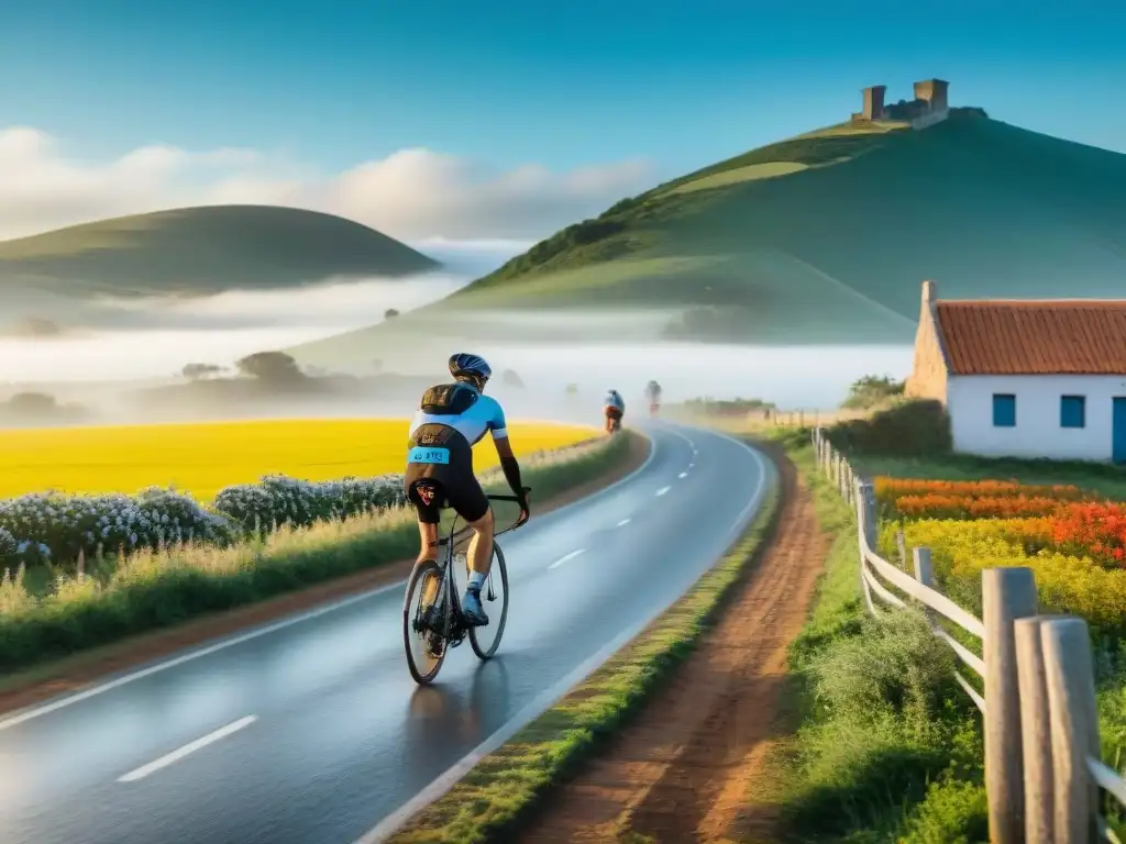 Grupo de ciclistas pedaleando en un paisaje rural de Uruguay, rodeados de naturaleza exuberante y casas tradicionales