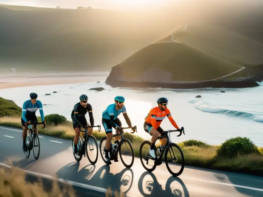 Un grupo de ciclistas recorriendo la pintoresca costa de Uruguay al atardecer