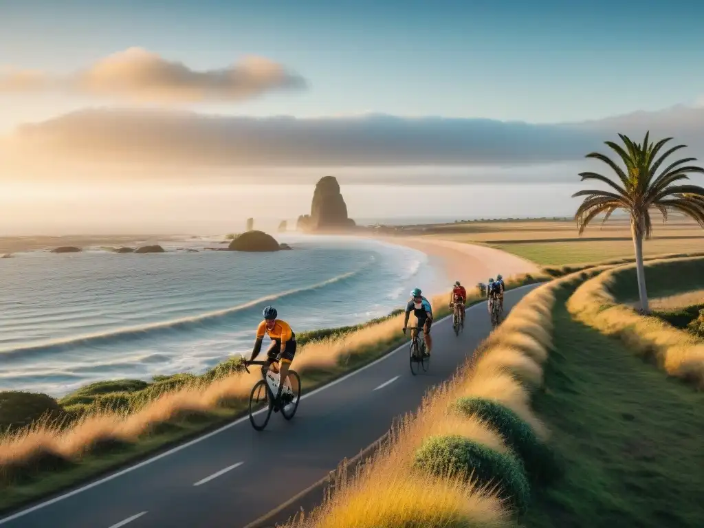 Un grupo de ciclistas recorriendo la pintoresca costa de Uruguay al atardecer