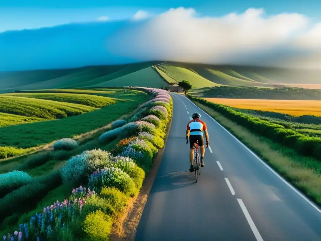 Un grupo de ciclistas recorriendo las rutas en bicicleta por Uruguay, entre colinas verdes y flores silvestres