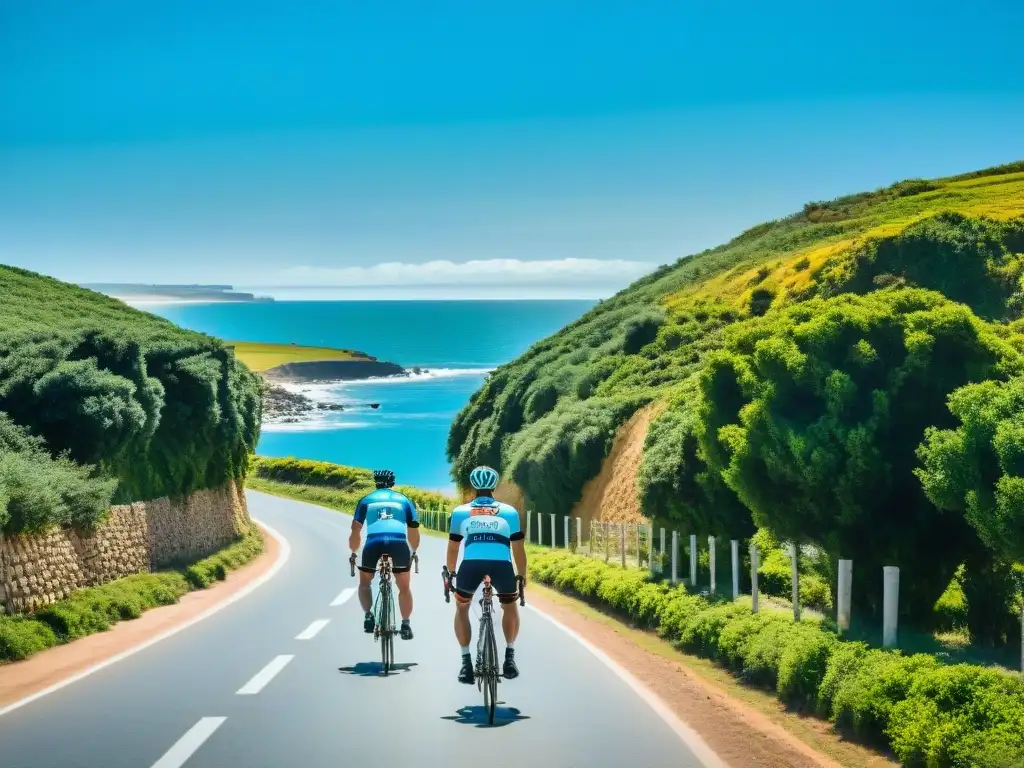 Un grupo de ciclistas recorriendo rutas ciclísticas en Uruguay, con el Atlántico y exuberante vegetación