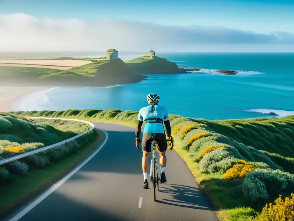 Un grupo de ciclistas recorriendo rutas costeras en bicicleta en Uruguay, rodeados de un paisaje impresionante