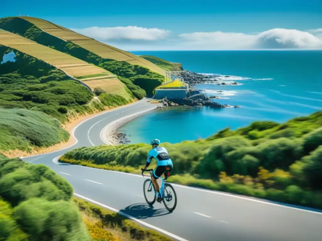 Un grupo de ciclistas recorriendo rutas costeras en bicicleta en Uruguay, con el mar y vegetación exuberante de fondo