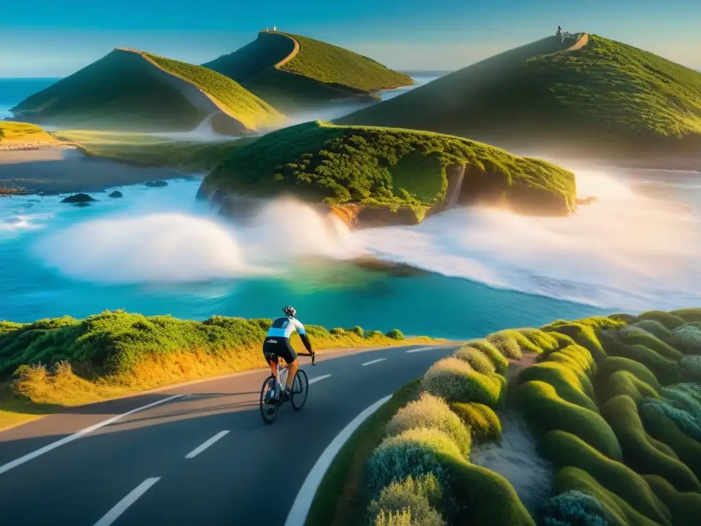 Un grupo de ciclistas recorre las rutas costeras en bicicleta Uruguay, con el mar y la naturaleza exuberante de fondo al atardecer