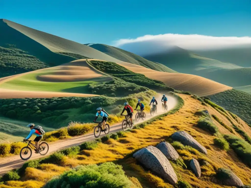 Un grupo de ciclistas de montaña recorriendo un terreno vasto y agreste en Uruguay