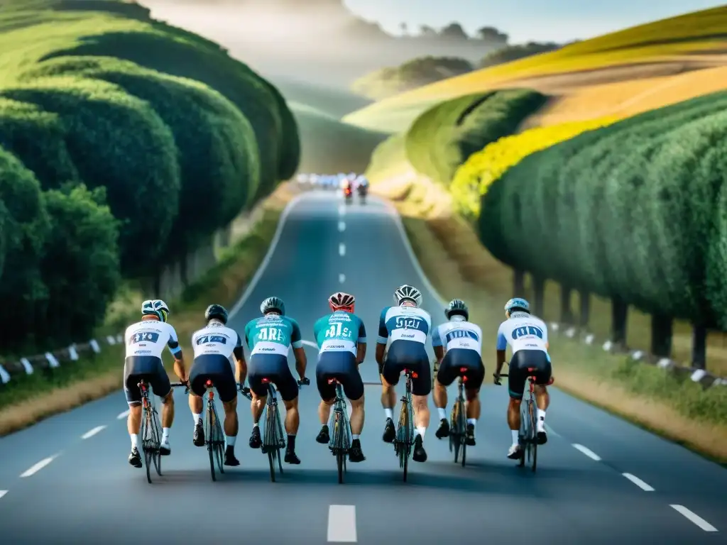 Un grupo de ciclistas en uniforme profesional pedalea unido por las colinas de Uruguay, destacando la pasión por el ciclismo