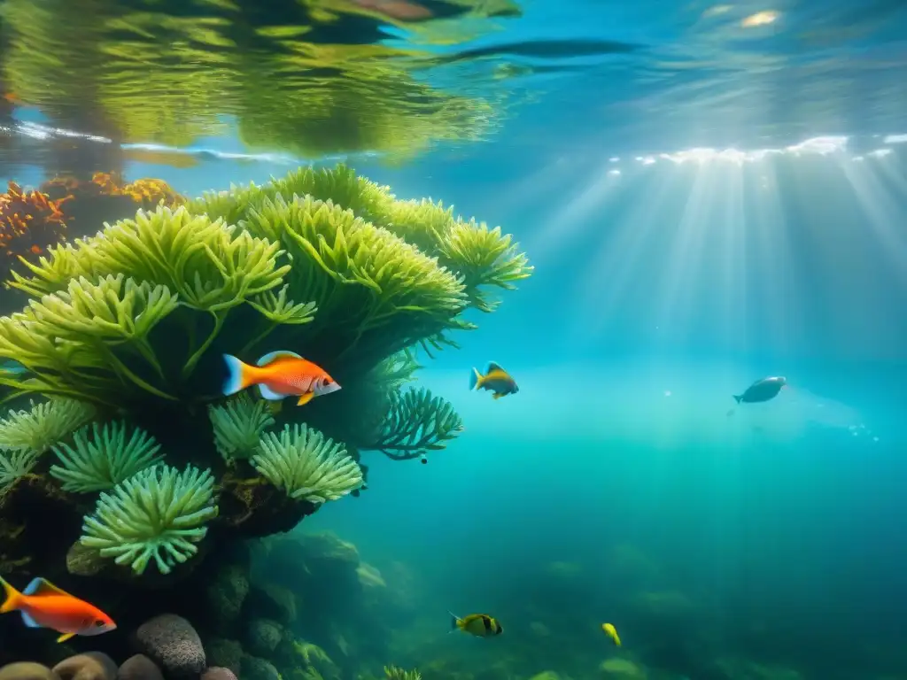 Un grupo de coloridos peces de agua dulce nada entre plantas acuáticas en un río de Uruguay