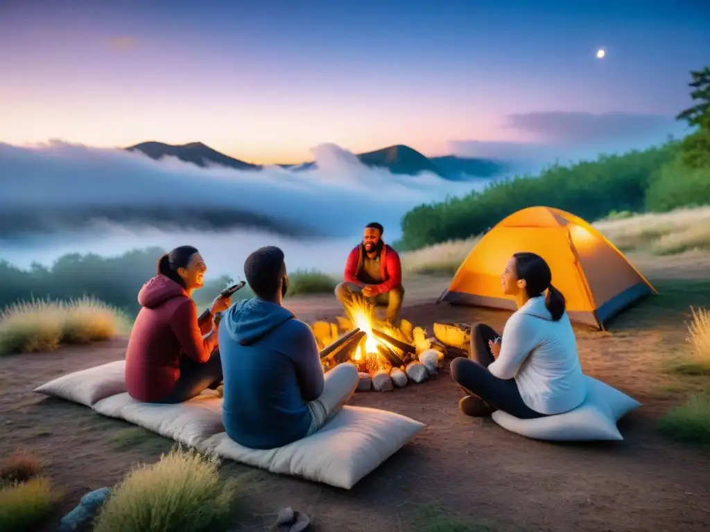 Un grupo de compañeros de camping en Uruguay disfrutan de la noche alrededor de la fogata, compartiendo historias y risas bajo las estrellas