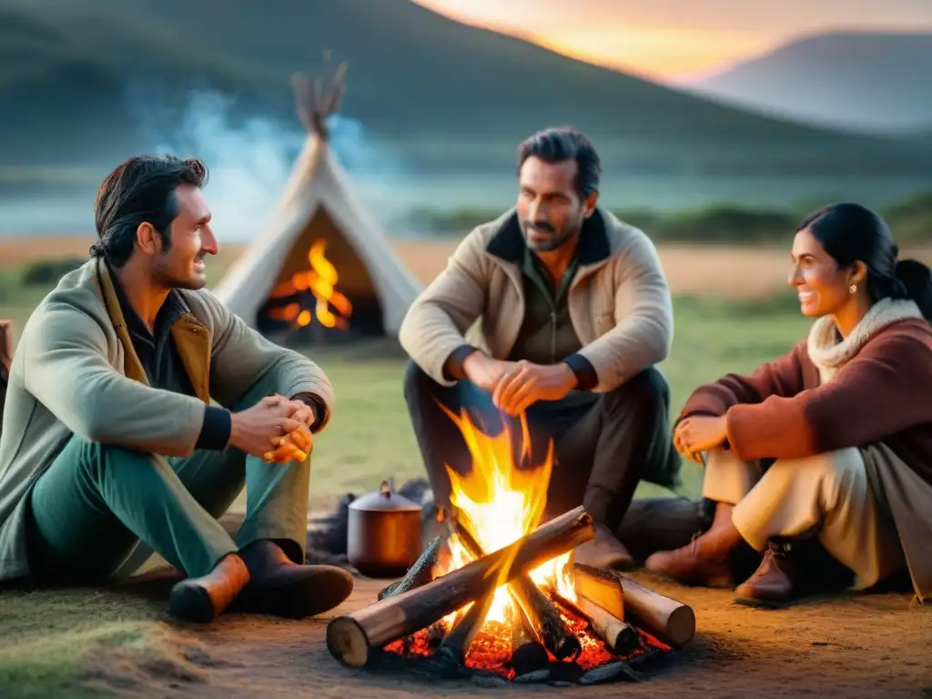 Grupo escucha cuentos alrededor fogata en tradicional campamento uruguayo