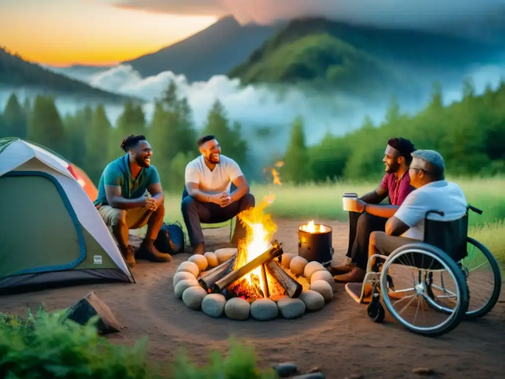 Un grupo diverso de amigos con discapacidad disfruta de un campamento accesible en el bosque, compartiendo historias alrededor de una fogata