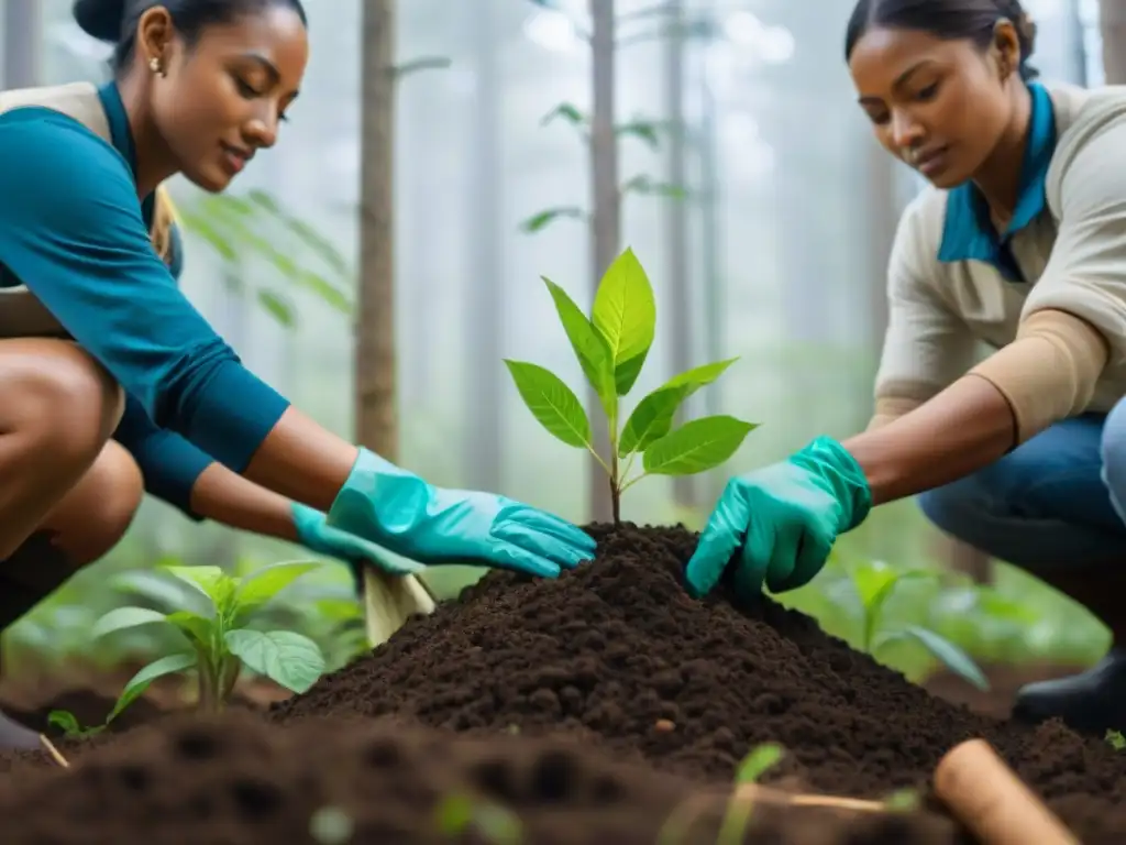 Grupo diverso planta árboles en un bosque exuberante