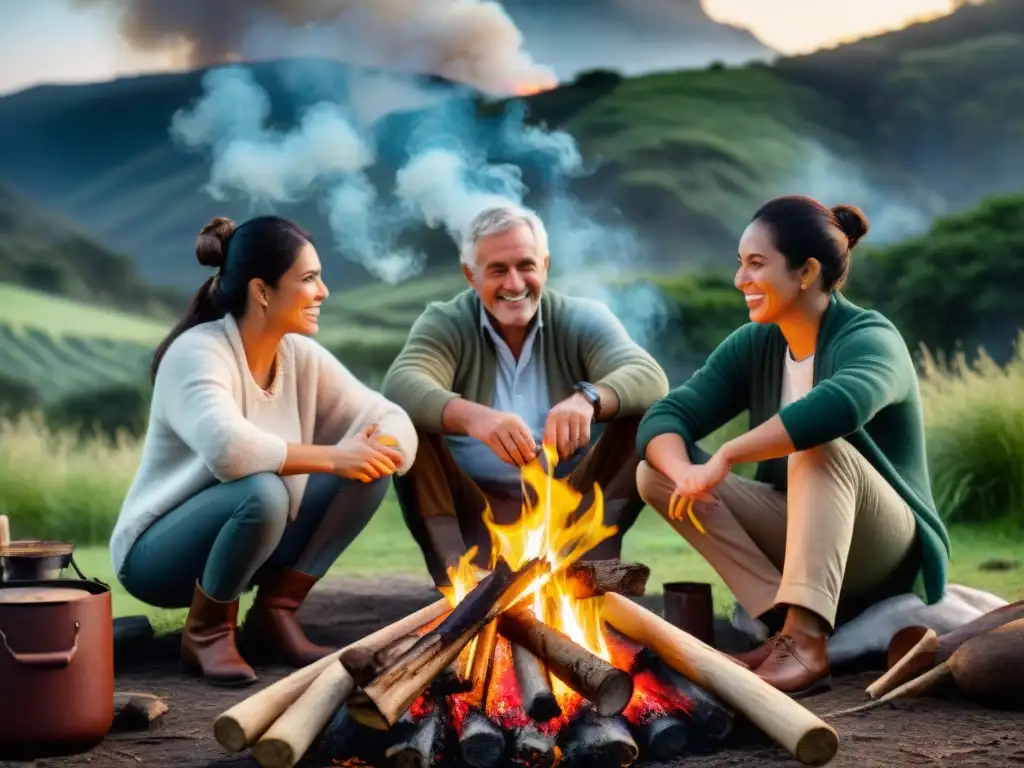 Grupo diverso disfruta de un asado uruguayo alrededor de fogata en camping