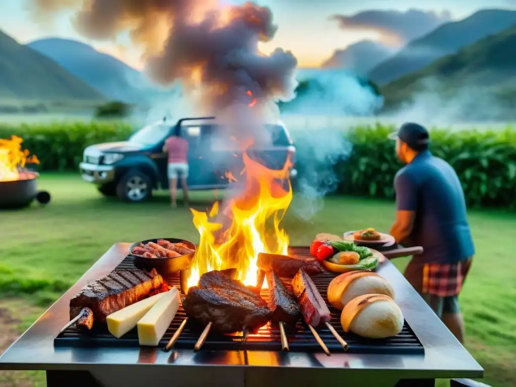 Grupo diverso disfrutando tradición asado uruguayo en camping, ambiente cálido y cultural