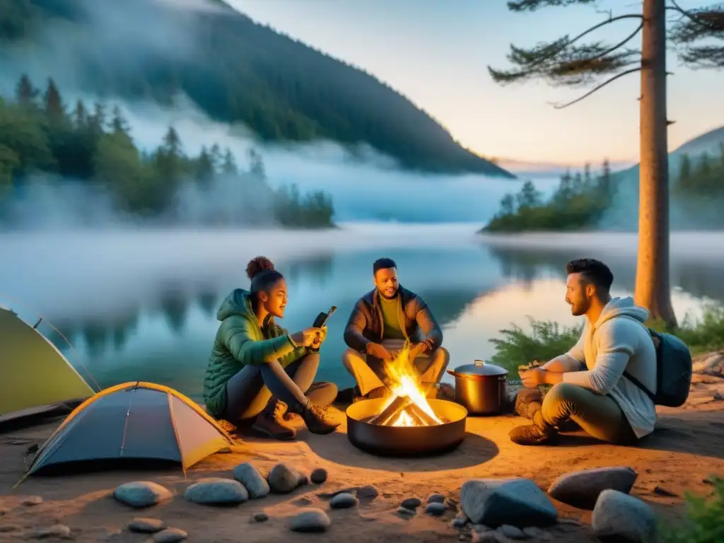 Un grupo diverso de campistas cocinando al aire libre con Apps chef en un bosque exuberante