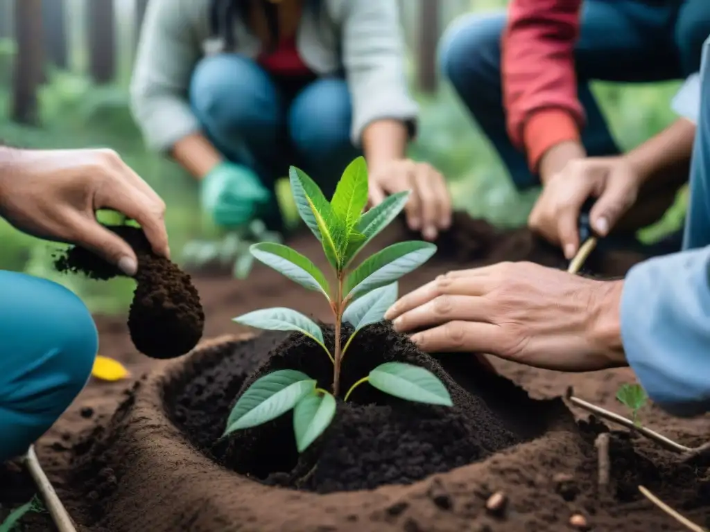 Grupo diverso de campistas plantando árboles en un bosque verde en Uruguay