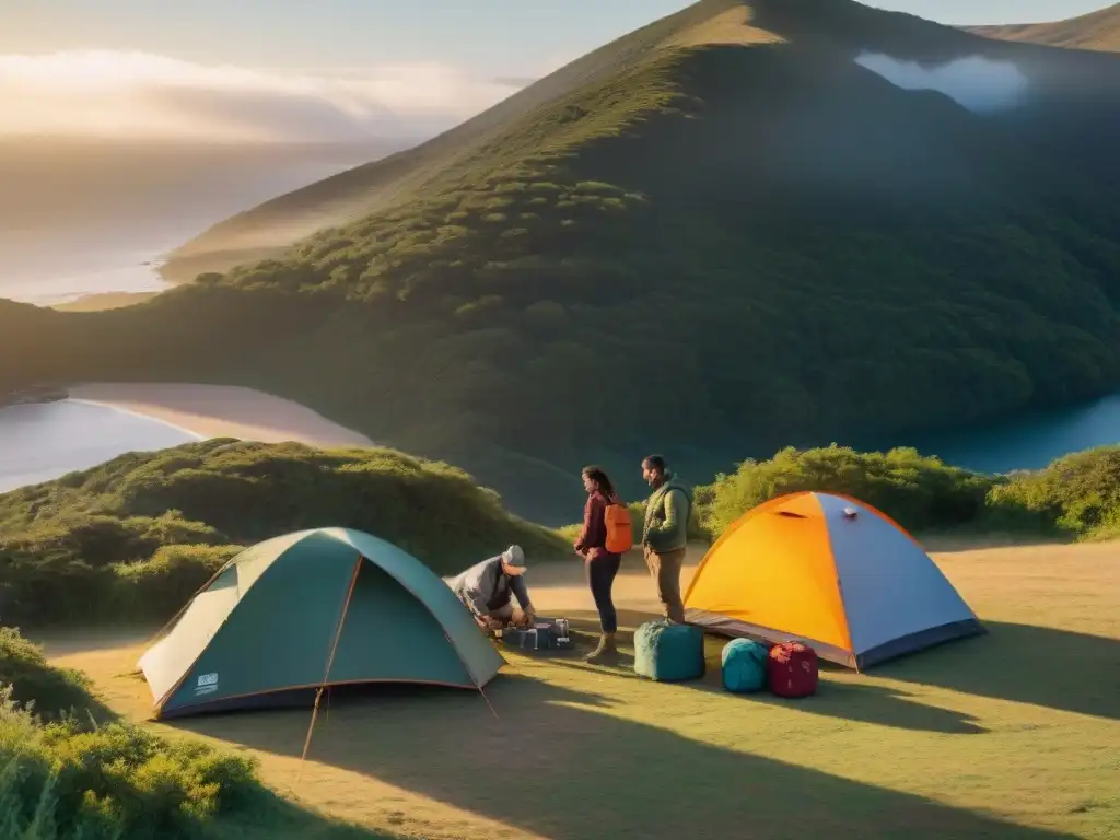 Un grupo diverso de campistas arma carpas al atardecer en un campamento verde en Uruguay, evocando aventura y camaradería