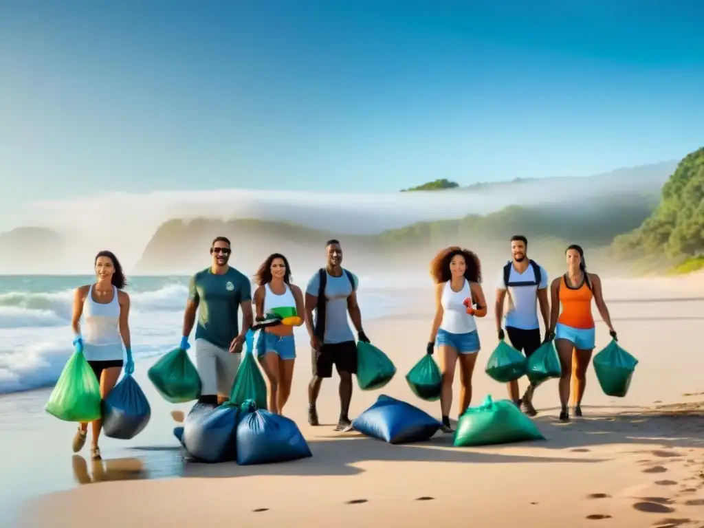 Un grupo diverso de campistas recoge basura en la playa de Uruguay, destacando el manejo de residuos al acampar