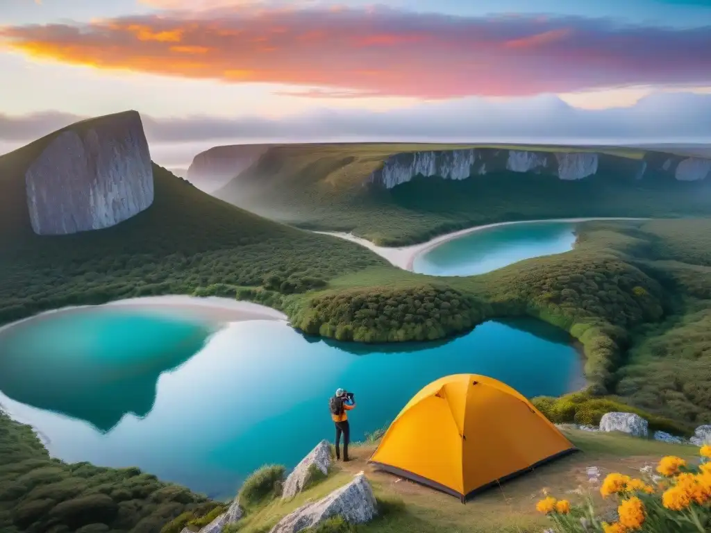 Grupo diverso de campistas capturando la belleza de la naturaleza en un camping en Uruguay con diferentes cámaras