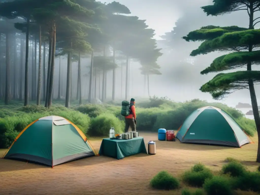 Un grupo diverso de campistas en Uruguay montando un campamento seguro y organizado