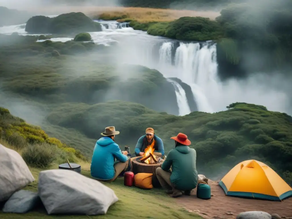 Un grupo diverso de campistas montando un campamento en la naturaleza de Uruguay, mostrando trabajo en equipo y supervivencia