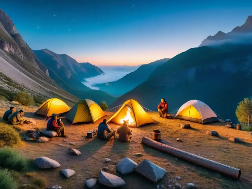 Grupo diverso de campistas disfrutando de un campamento en Valle del Lunarejo al anochecer, rodeados de naturaleza y estrellas