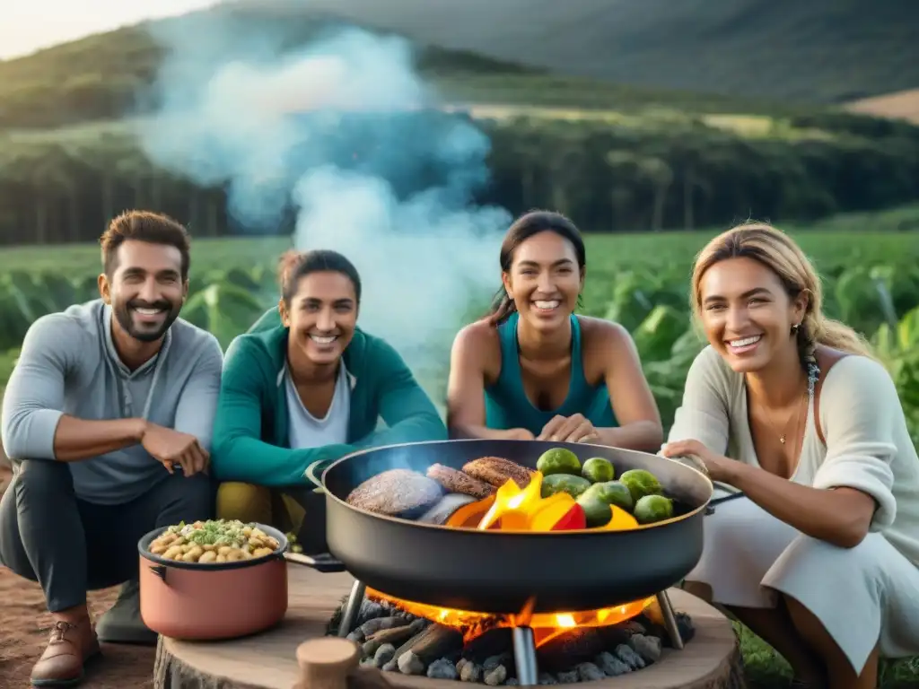 Grupo diverso de campistas cocinando con cocinas solares en Uruguay, resaltando la sostenibilidad y la diversión al aire libre