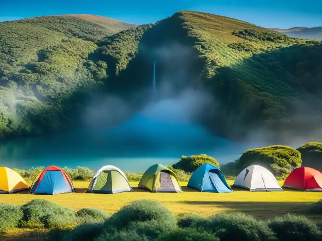 Un grupo diverso de campistas montando coloridas carpas en un tranquilo camping en Uruguay