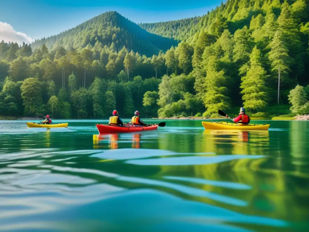 Grupo diverso de campistas en kayaks coloridos y chalecos salvavidas, disfrutando de la tranquilidad del lago en campamento