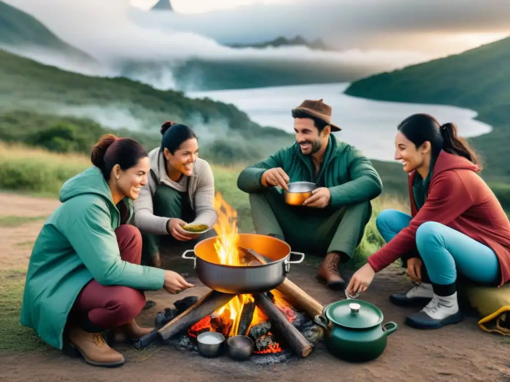 Un grupo diverso de campistas en Uruguay cocinando una comida tradicional alrededor de una fogata, compartiendo mate