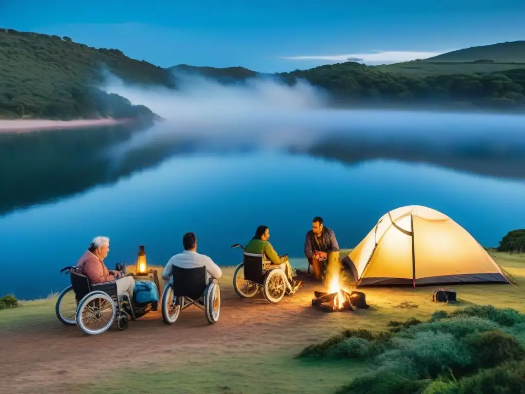 Un grupo diverso de campistas con discapacidades montando tiendas accesibles en un hermoso campamento en Uruguay