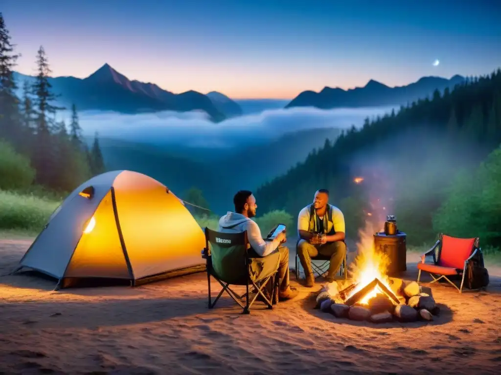 Un grupo diverso de campistas con discapacidades disfrutan de una fogata bajo las estrellas, rodeados de tecnología accesible en el camping