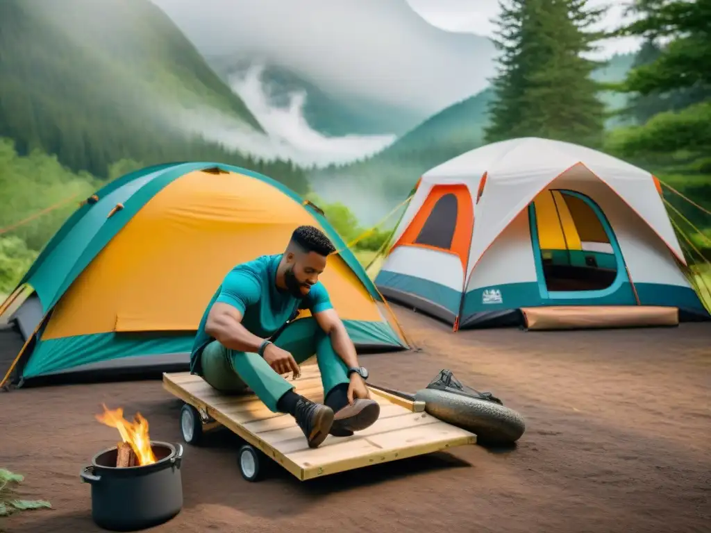 Un grupo diverso de campistas con discapacidades disfrutando de un campamento accesible, con rampas y equipamiento especializado para una estancia segura y cómoda en la naturaleza