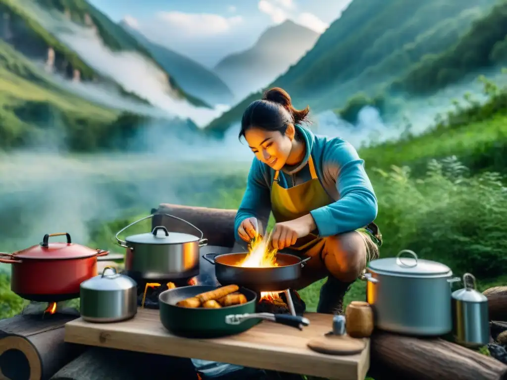 Grupo diverso de campistas cocinando en estufas portátiles en un bosque, transmitiendo aventura y la comodidad de cocinar al aire libre