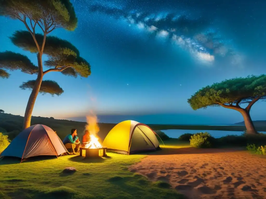 Un grupo diverso de campistas felices montando tiendas coloridas en un camping en Uruguay