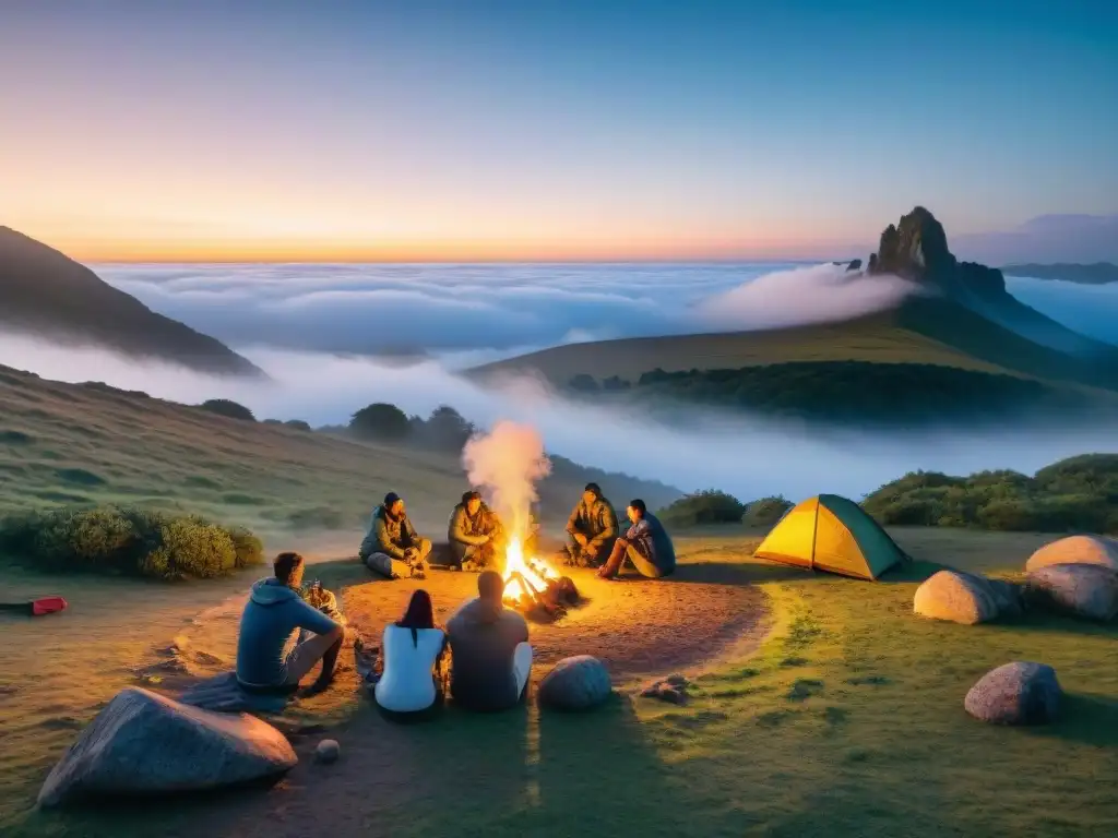 Un grupo diverso de campistas disfruta de un fogata al atardecer en un campamento pintoresco en Uruguay, fusionando cultura local y camping en Uruguay