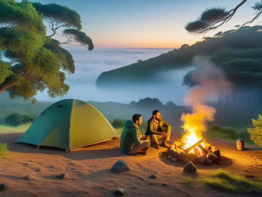 Grupo diverso de campistas disfrutando de una fogata nocturna en un bosque uruguayo, con productos ecológicos para camping