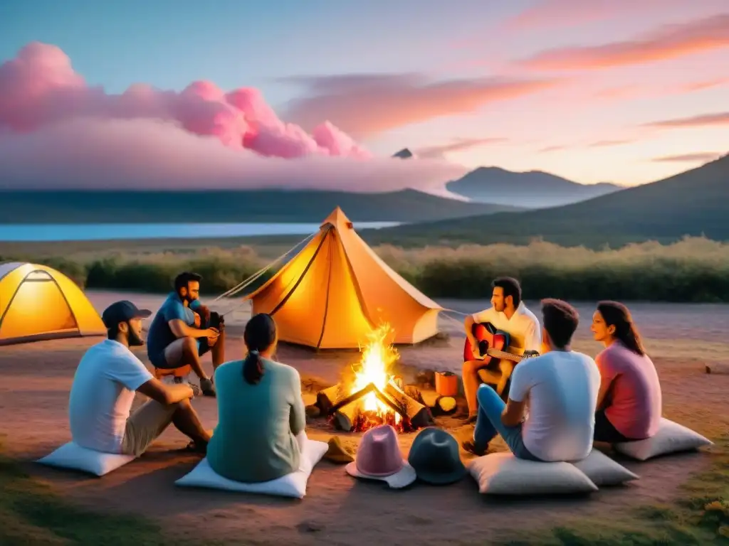 Grupo diverso de campistas alrededor de una fogata en un camping uruguayo al atardecer