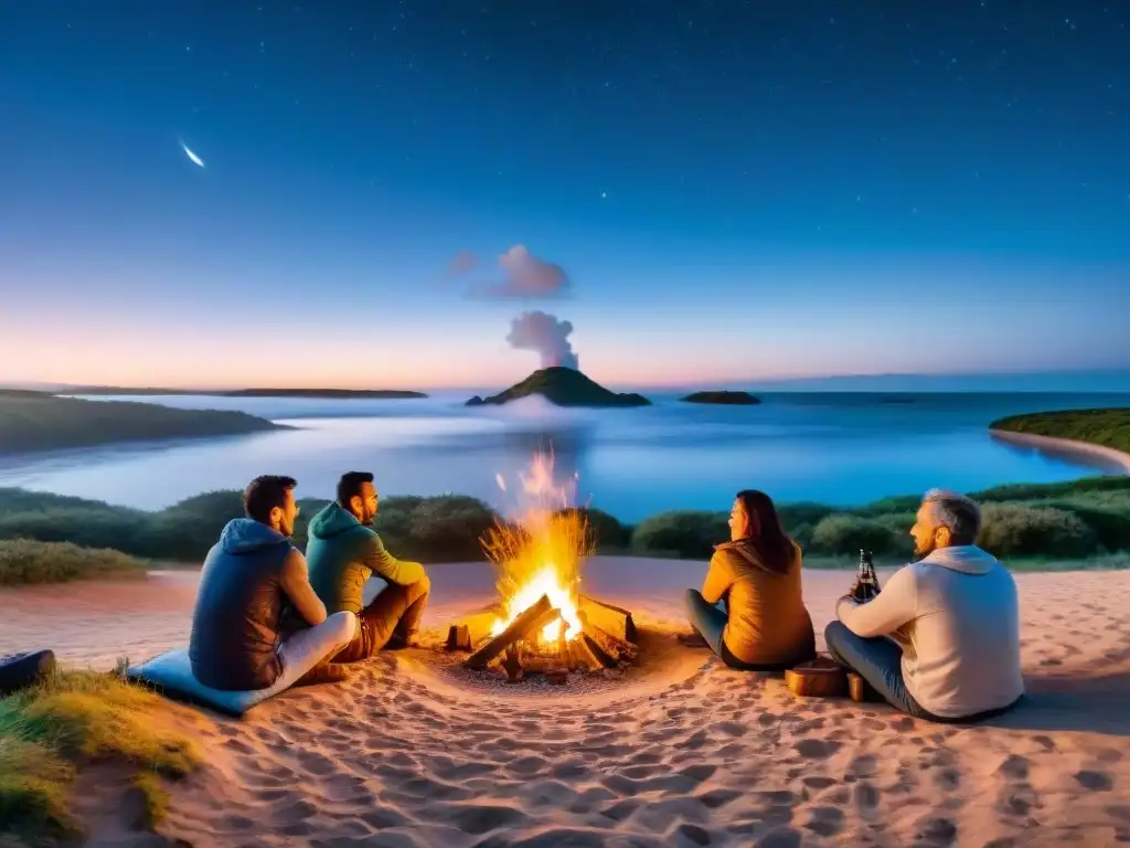 Grupo diverso de campistas riendo alrededor de fogata brillante en campamento sereno en Uruguay al atardecer