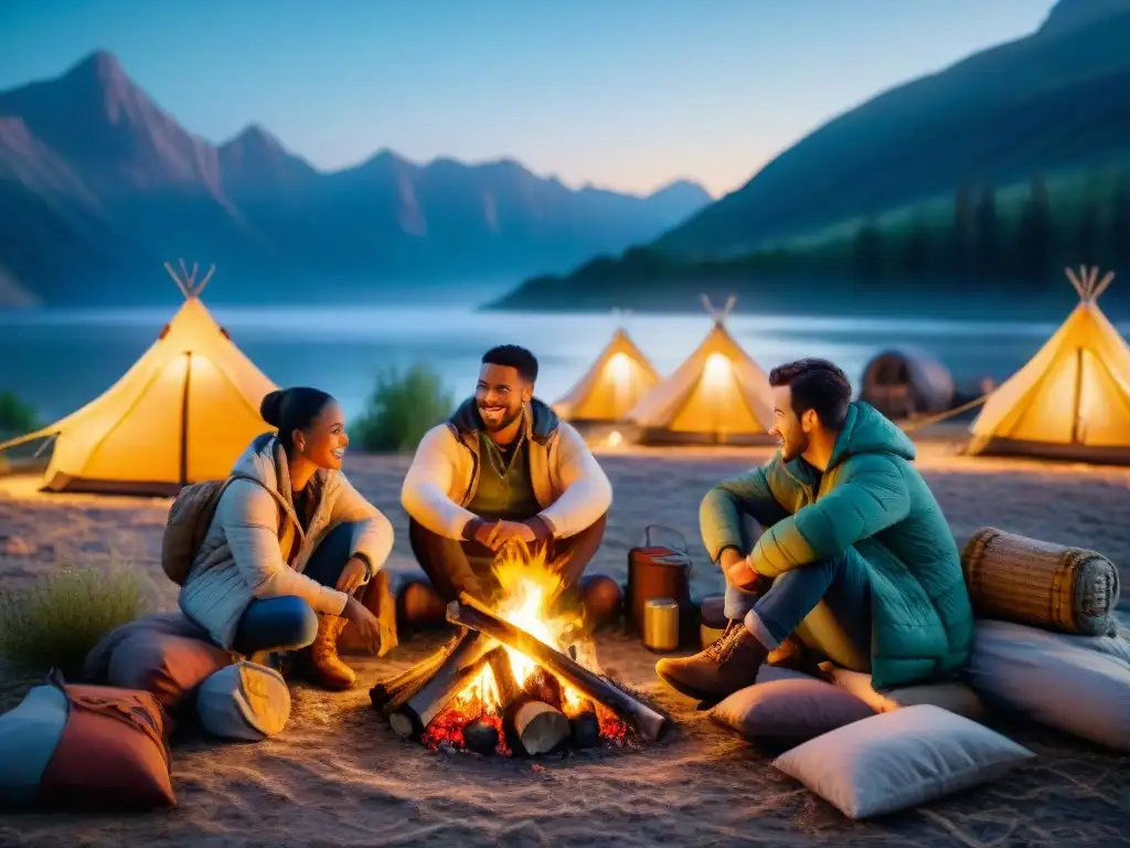 Grupo diverso de campistas alrededor de fogata al anochecer, creando un ambiente de camaradería