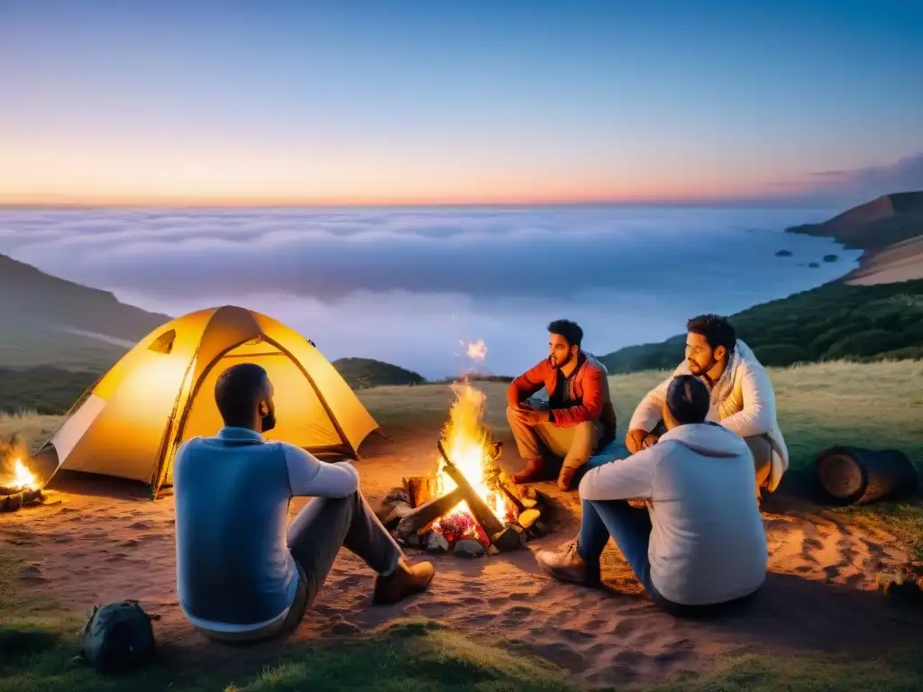 Grupo diverso de campistas alrededor de fogata al atardecer en Uruguay