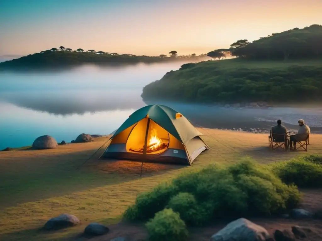 Grupo diverso de campistas alrededor de fogata en campamento en Uruguay al atardecer, con lago sereno y tiendas de campaña